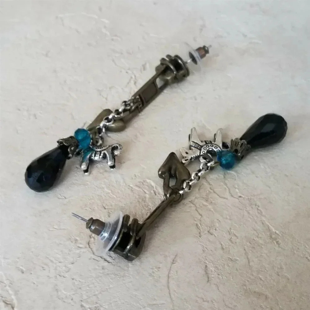 Antique Brass Zipper and Heart Baubles Black Teal Blue Dangle Earrings - Picture 4 of 7